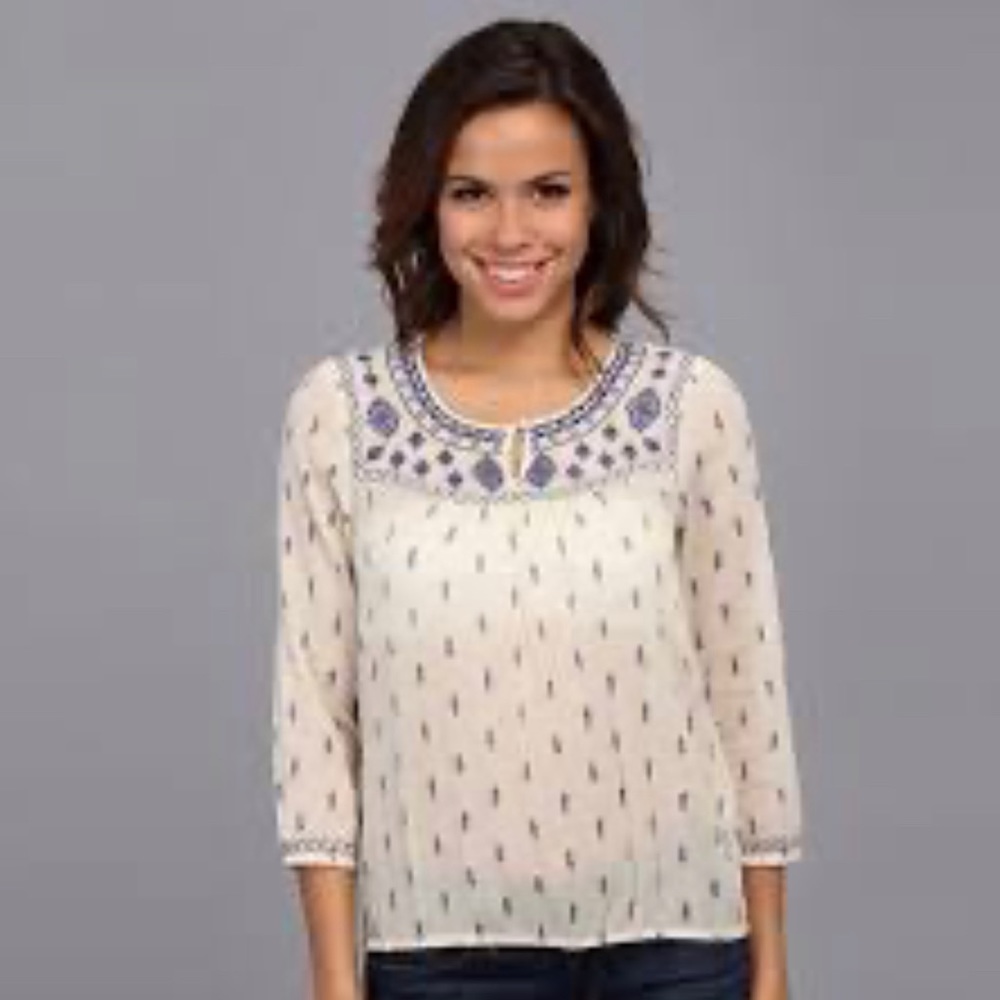 Lucky Brand boho beige with blue embroidery top 1X new